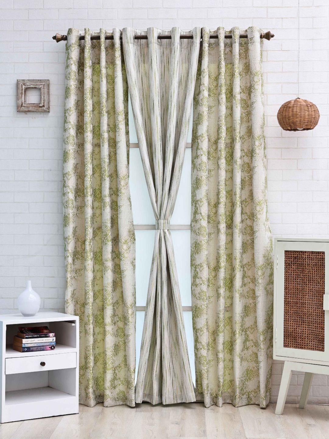 Ariana Green & White Set of 3 Long Door Curtain-image-28