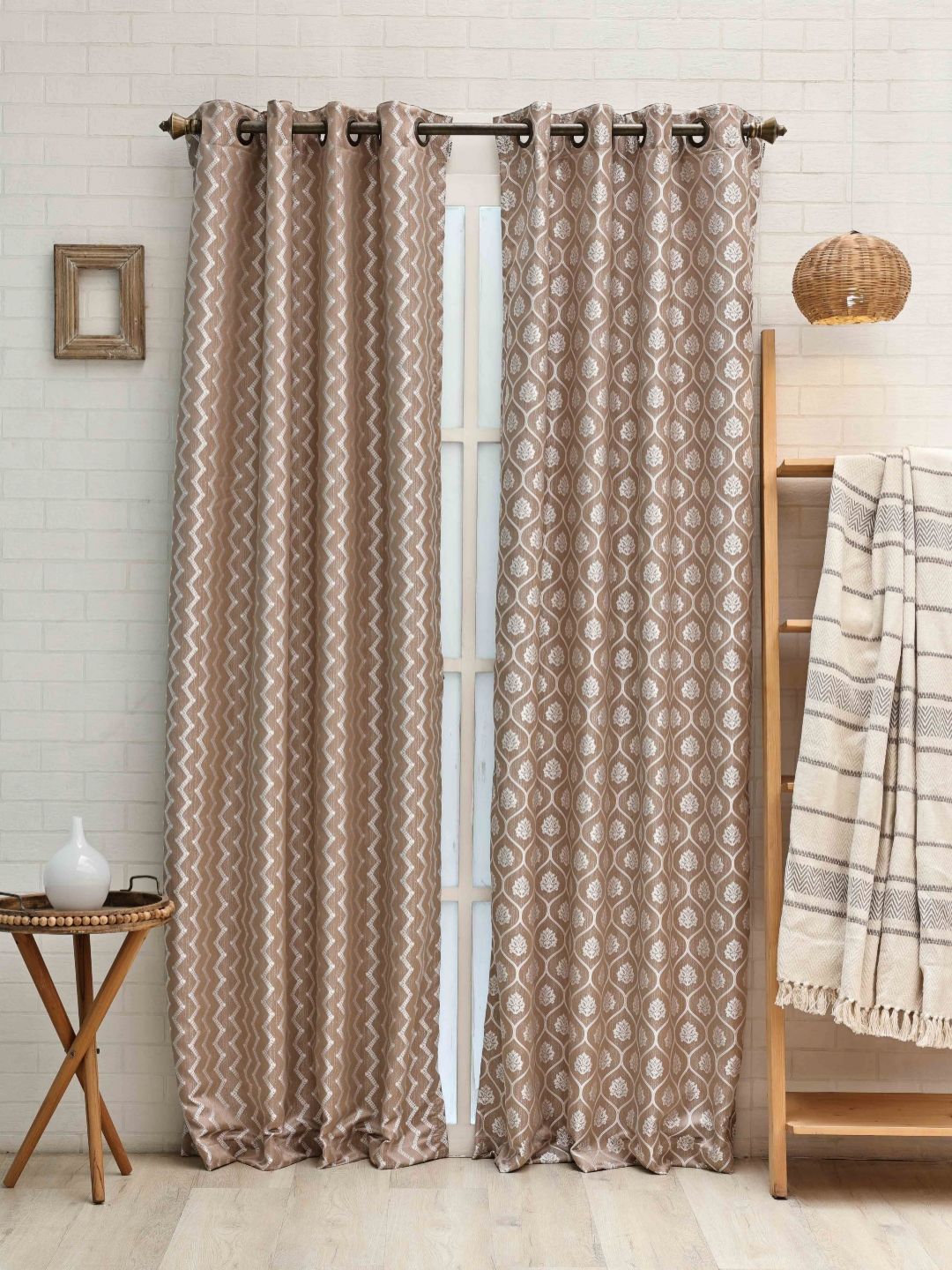Ariana Coffee Brown & White Set of 2 Embroidered Room Darkening Long Door Curtain-picture-9
