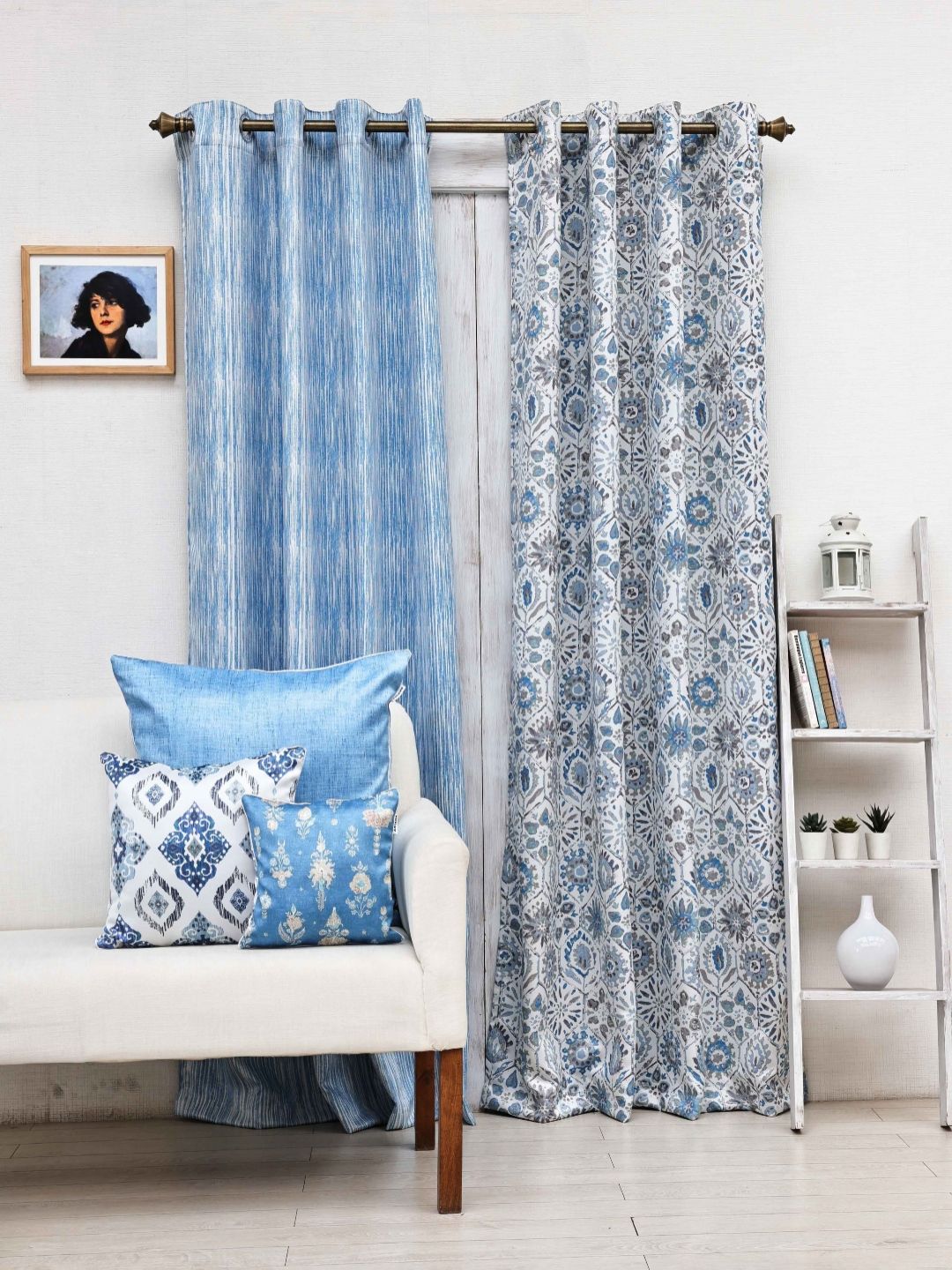 Ariana Blue & White Set of 2 Geometric Black Out Door Curtain-picture-36