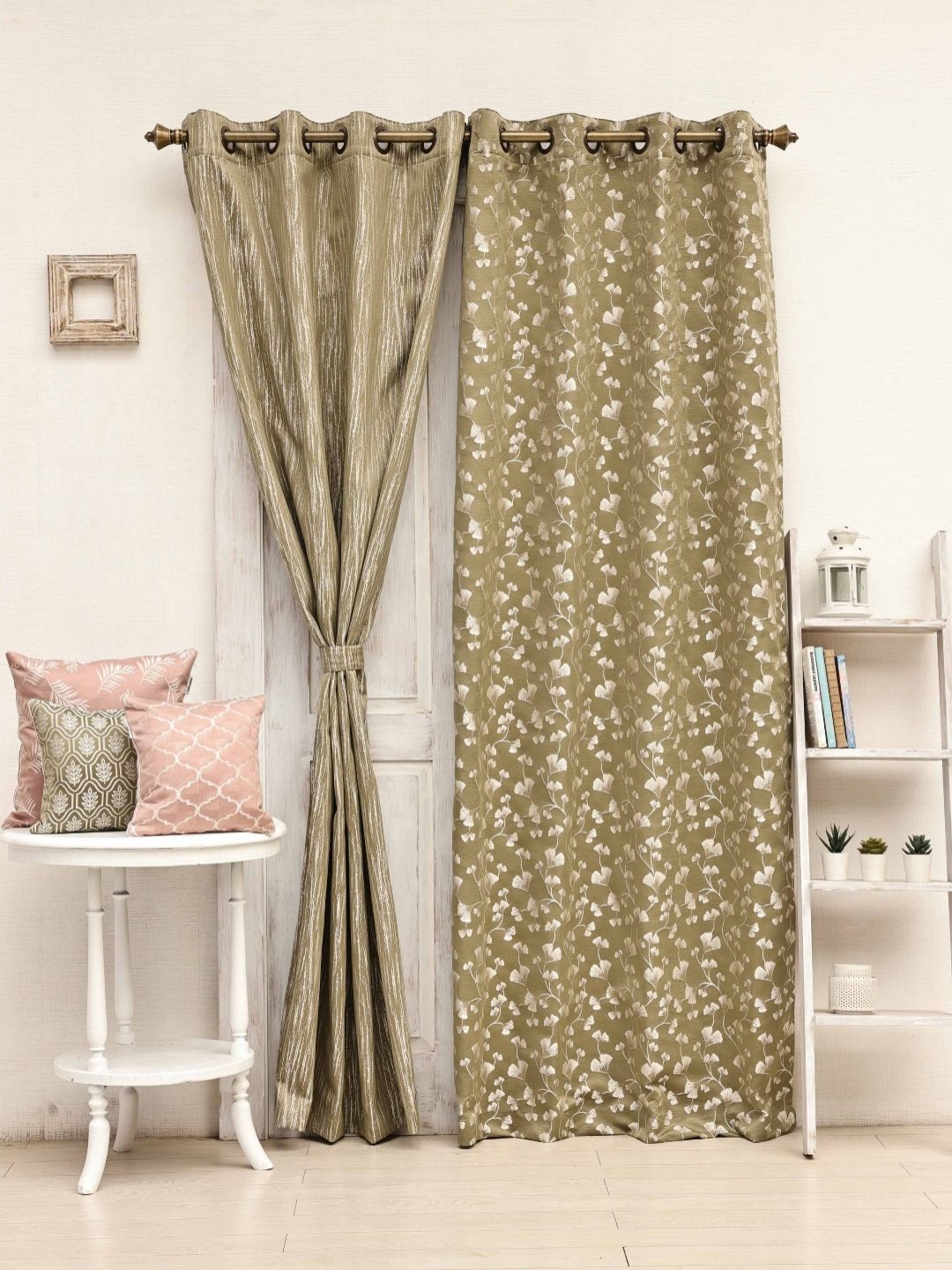 Ariana Olive Green & Beige Set of 2 Floral Room Darkening Long Door Curtain-image-28