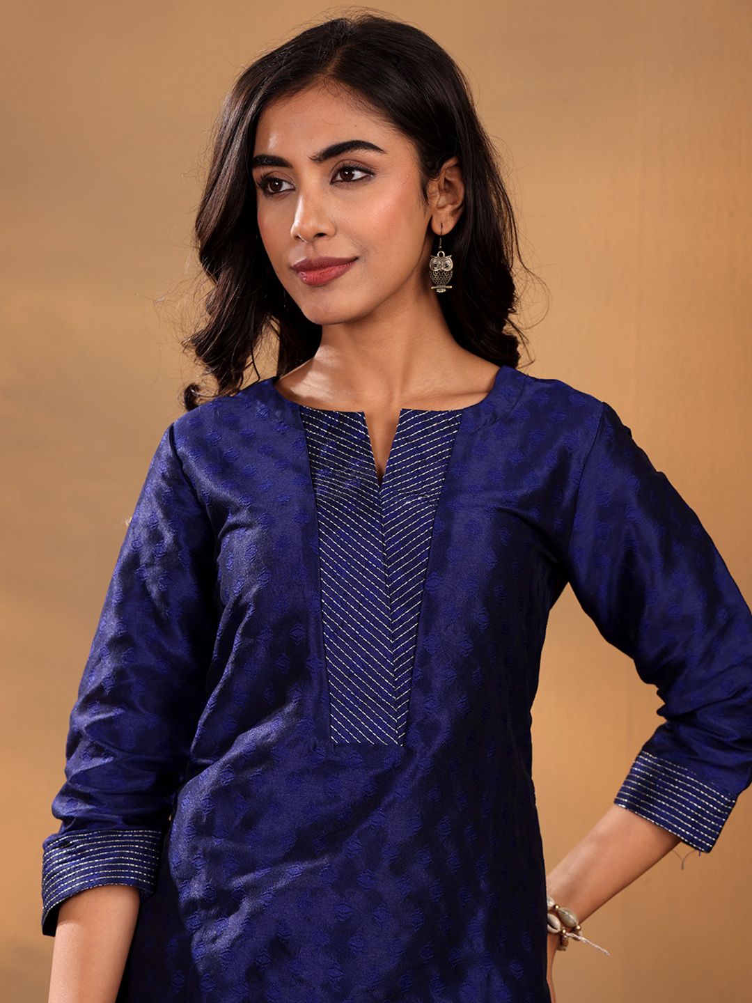 Varanga Navy Blue Ethnic Motifs Woven Design Thread Work Kurta With Trousers & Dupatta