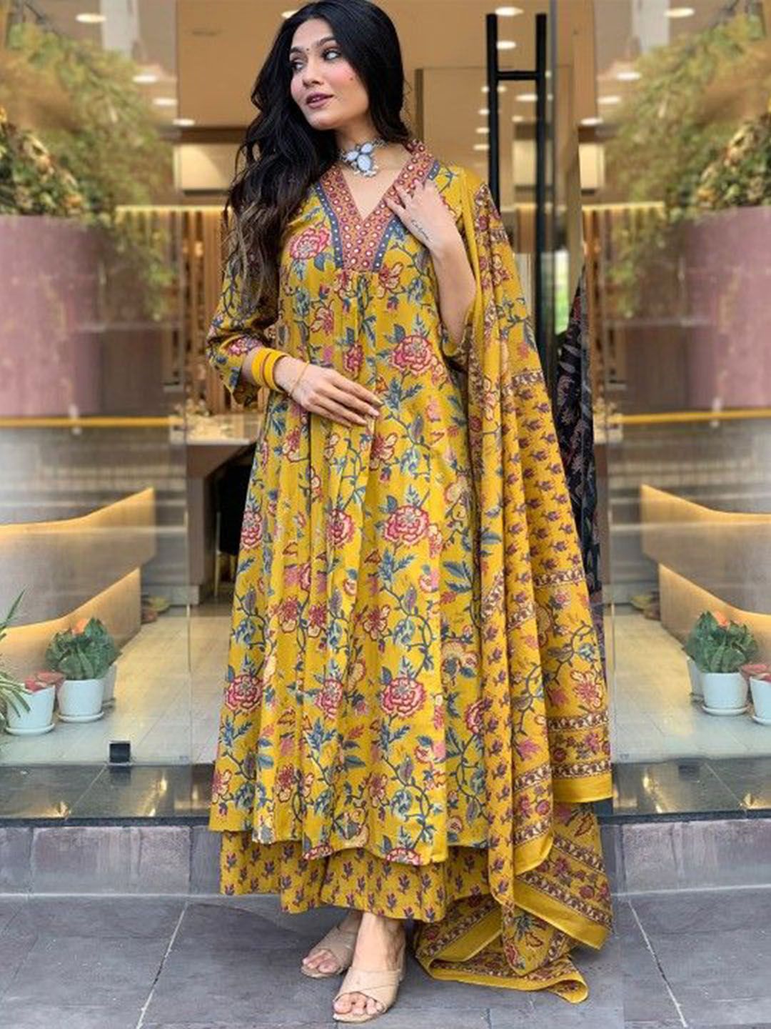 Embellished Mirror Work Round Neck Kurta With Palazzos & Dupatta