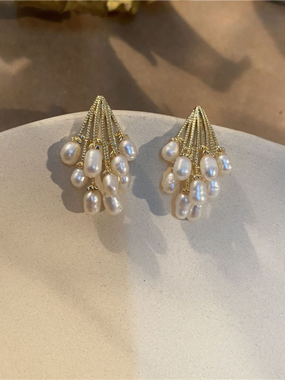 PolluxCraft Korean Gold-Plated Pearls Beaded Contemporary Drop Earrings-picture-18