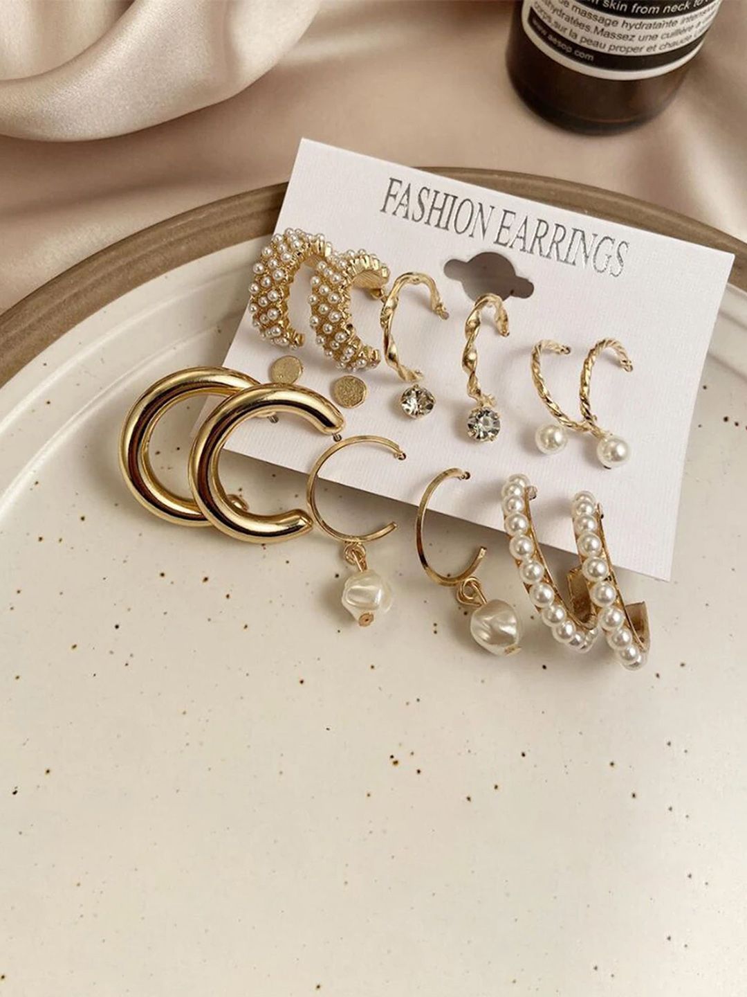 PolluxCraft Set Of 9 Korean Gold-Plated Pearls Studded Circular Studs-picture-26