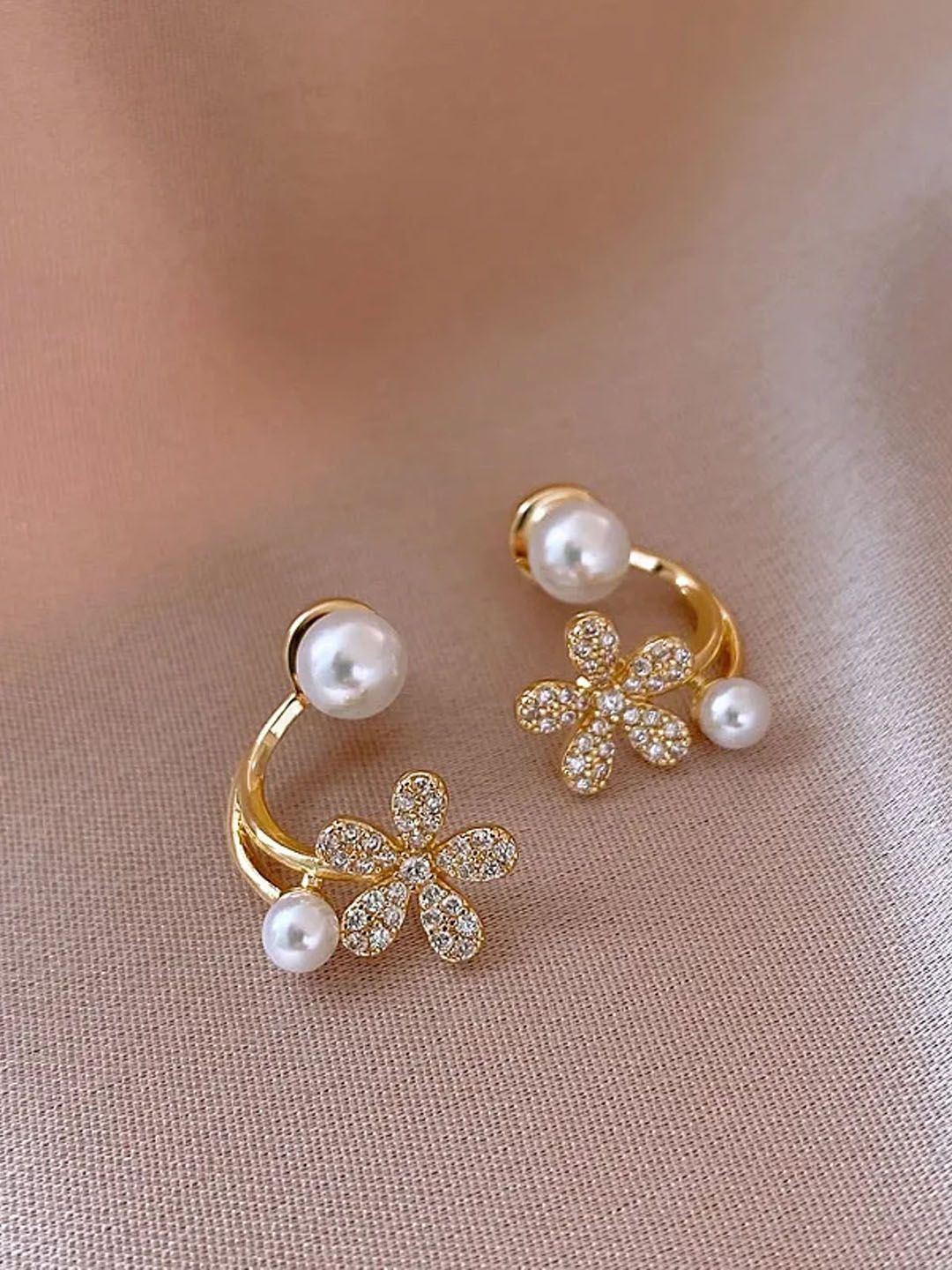 PolluxCraft Korean Gold-Plated Zircon Studded And Beaded Floral Shaped Studs-picture-34