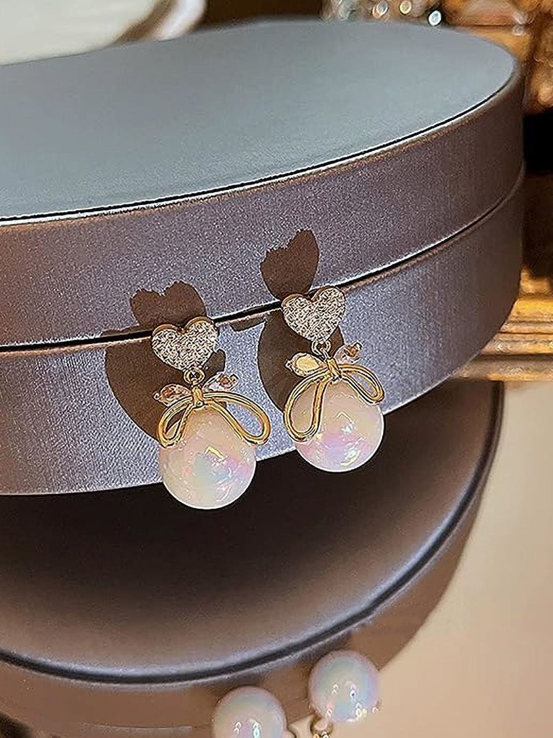 PolluxCraft Korean Gold-Plated Pearl Stone Studded Heart Shaped Drop Earrings-picture-15