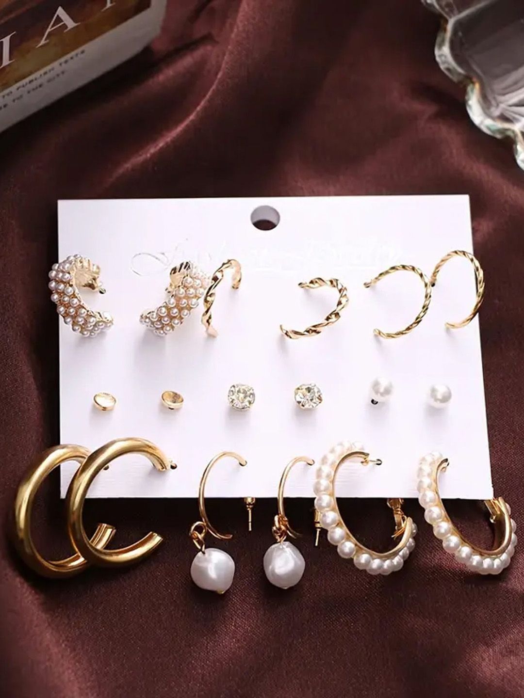 PolluxCraft Set Of 9 Korean Pearls Studded Crescent Shaped Hoop Earrings-picture-35