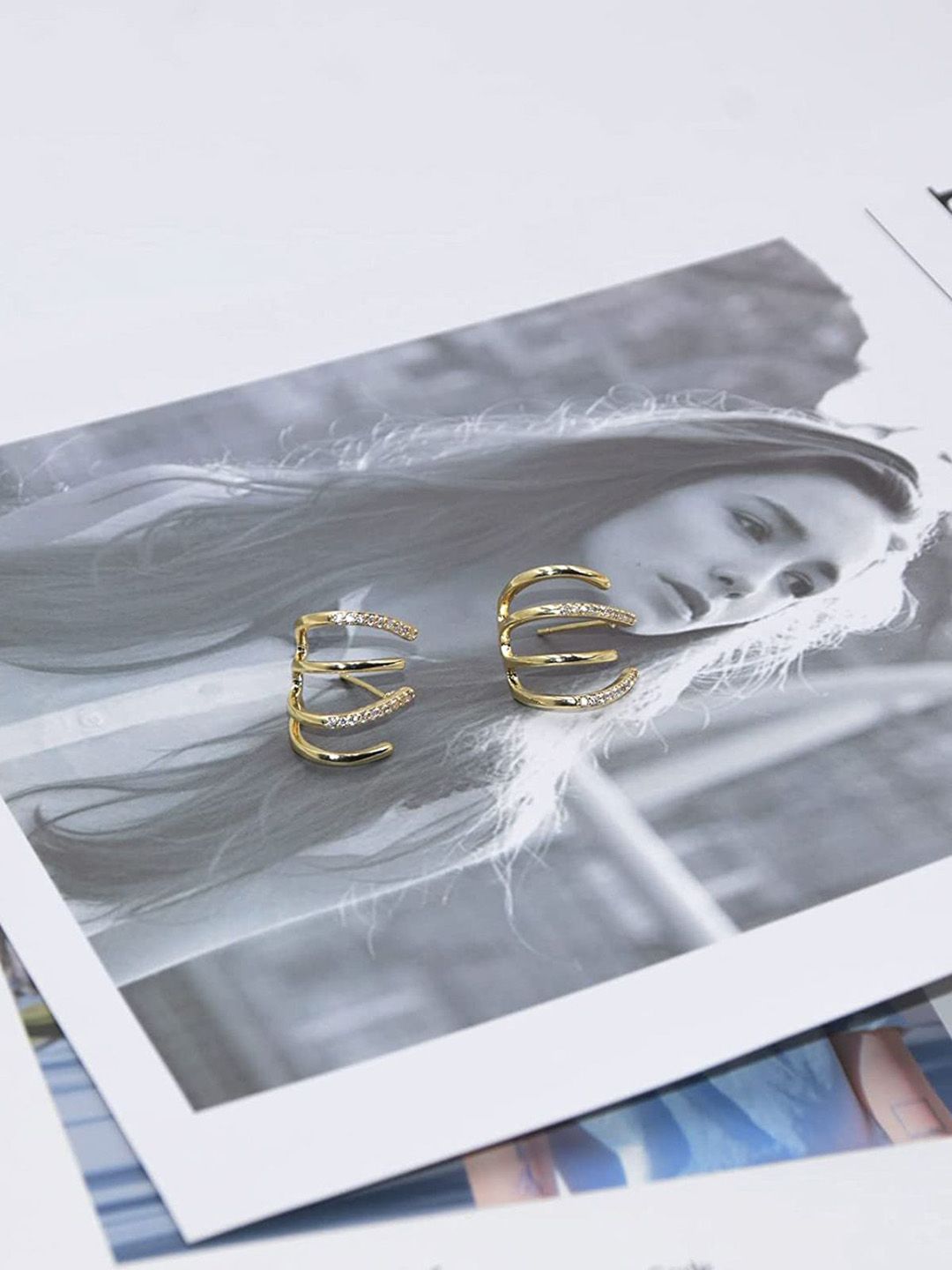 PolluxCraft Korean Gold-Plated Zircon Studded Contemporary Shaped Studs-picture-32