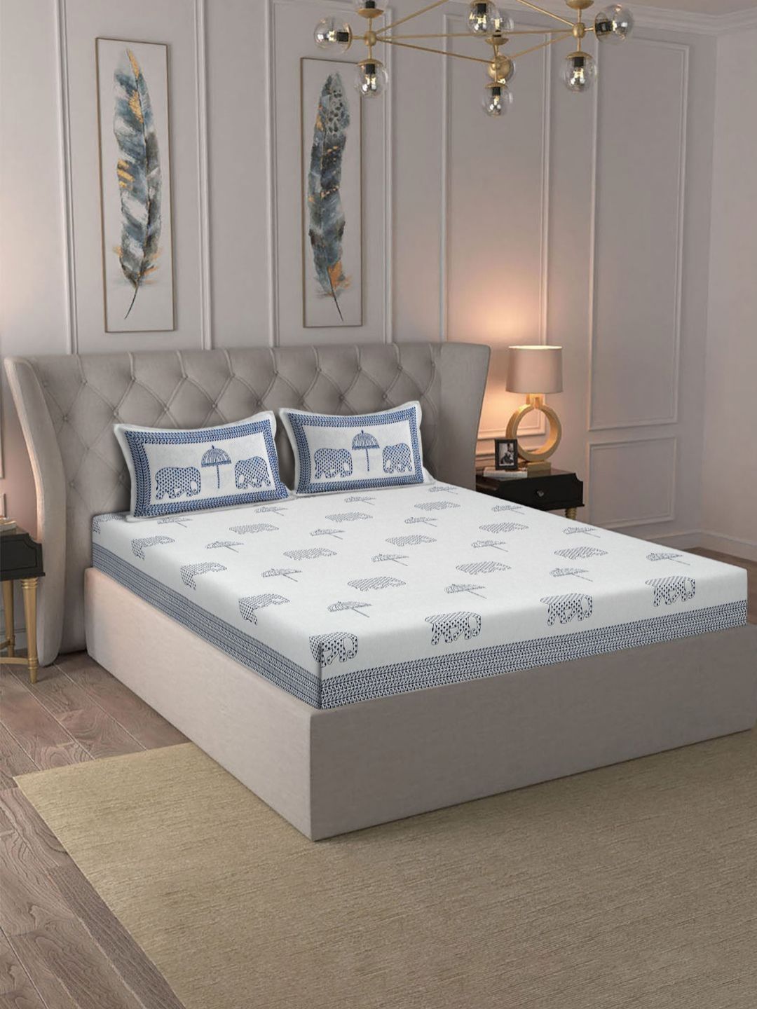 Rajasthan Decor White & Blue Ethnic Motifs 180 TC King Bedsheet with 2 Pillow Covers-picture-24