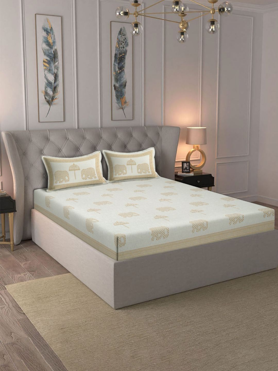 Rajasthan Decor White & Yellow Ethnic Motifs 180 TC King Bedsheet with 2 Pillow Covers-picture-22