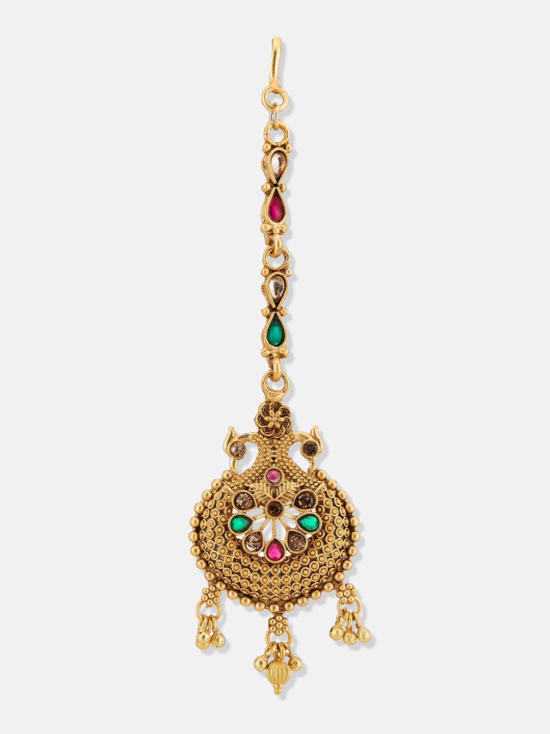 ATIBELLE Set of 2 Gold-Plated Stone Studded & Beaded Floral & Peacock Shaped Maang Tikkas