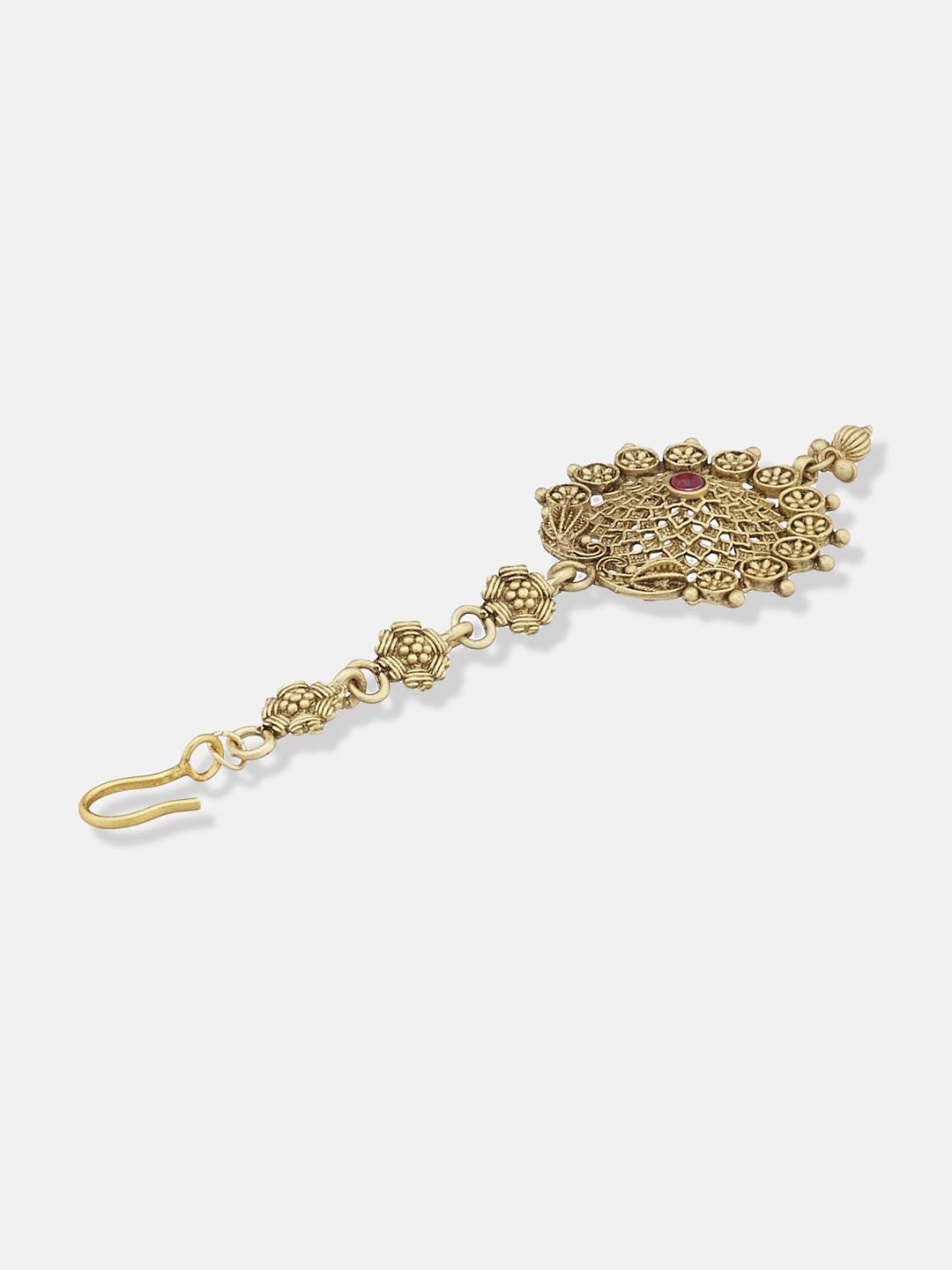 ATIBELLE Set of 2 Gold-Plated Stone Studded & Beaded Floral & Peacock Shaped Maang Tikkas