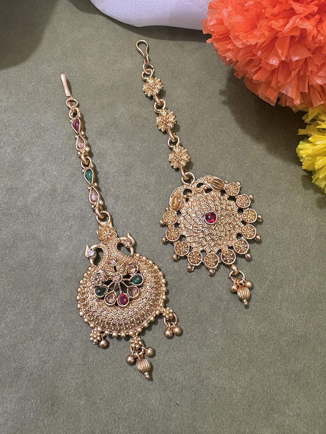 ATIBELLE Set of 2 Gold-Plated Stone Studded & Beaded Floral & Peacock Shaped Maang Tikkas