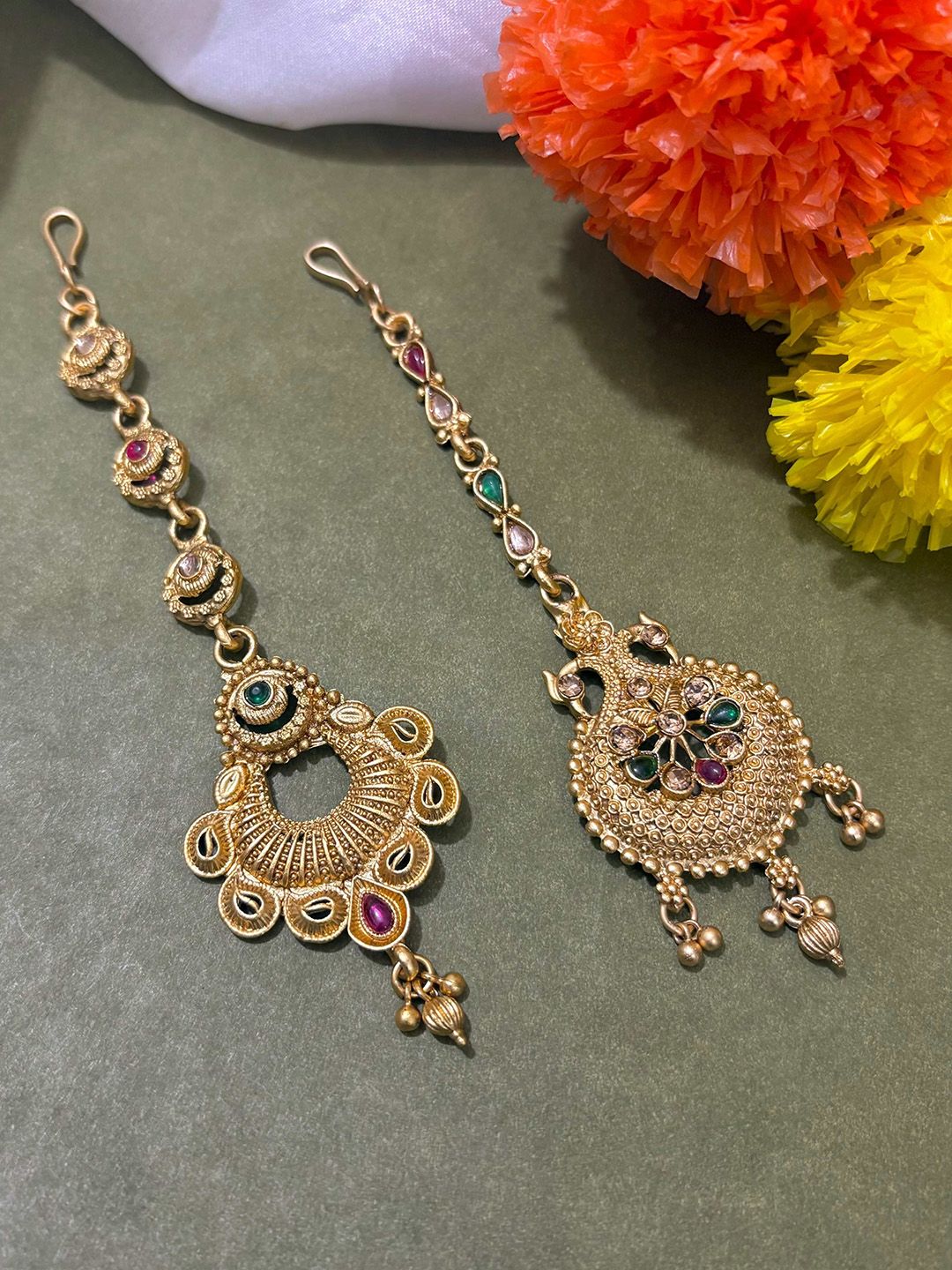 ATIBELLE Set Of 2 Gold-Plated Stone Studded Floral Shaped Maang Tikkas Head Jewellery