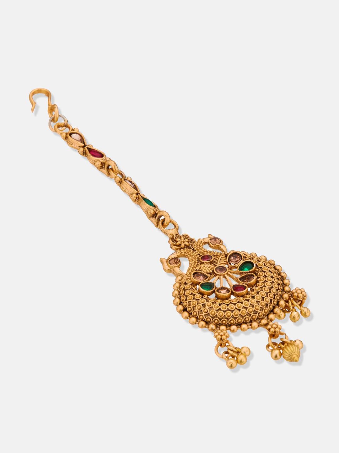 ATIBELLE Set of 2 Gold-Plated Stone Studded & Beaded Floral & Peacock Shaped Maang Tikkas