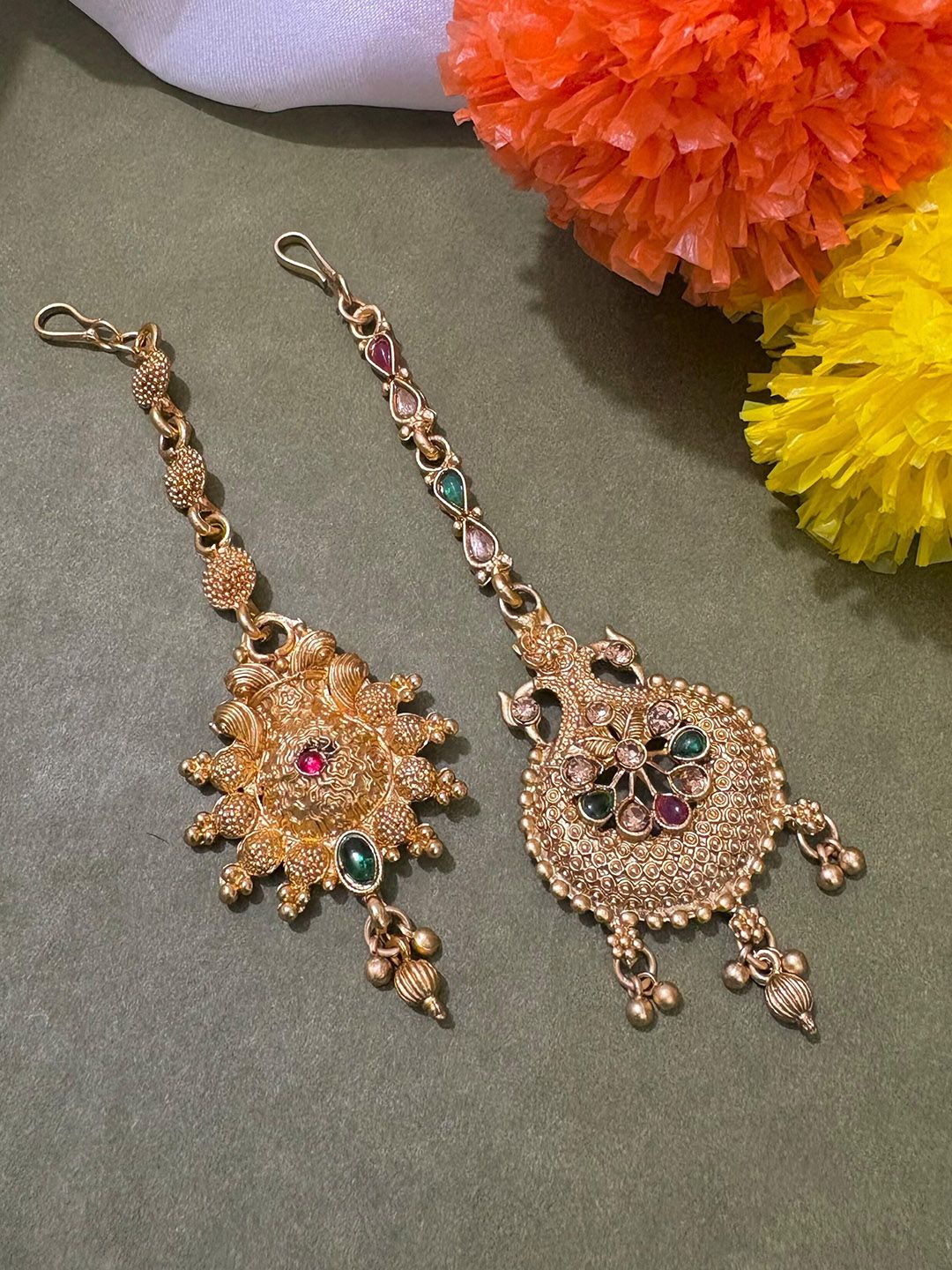 ATIBELLE Set of 2 Gold-Plated Stone Studded & Beaded Floral & Peacock Shaped Maang Tikkas