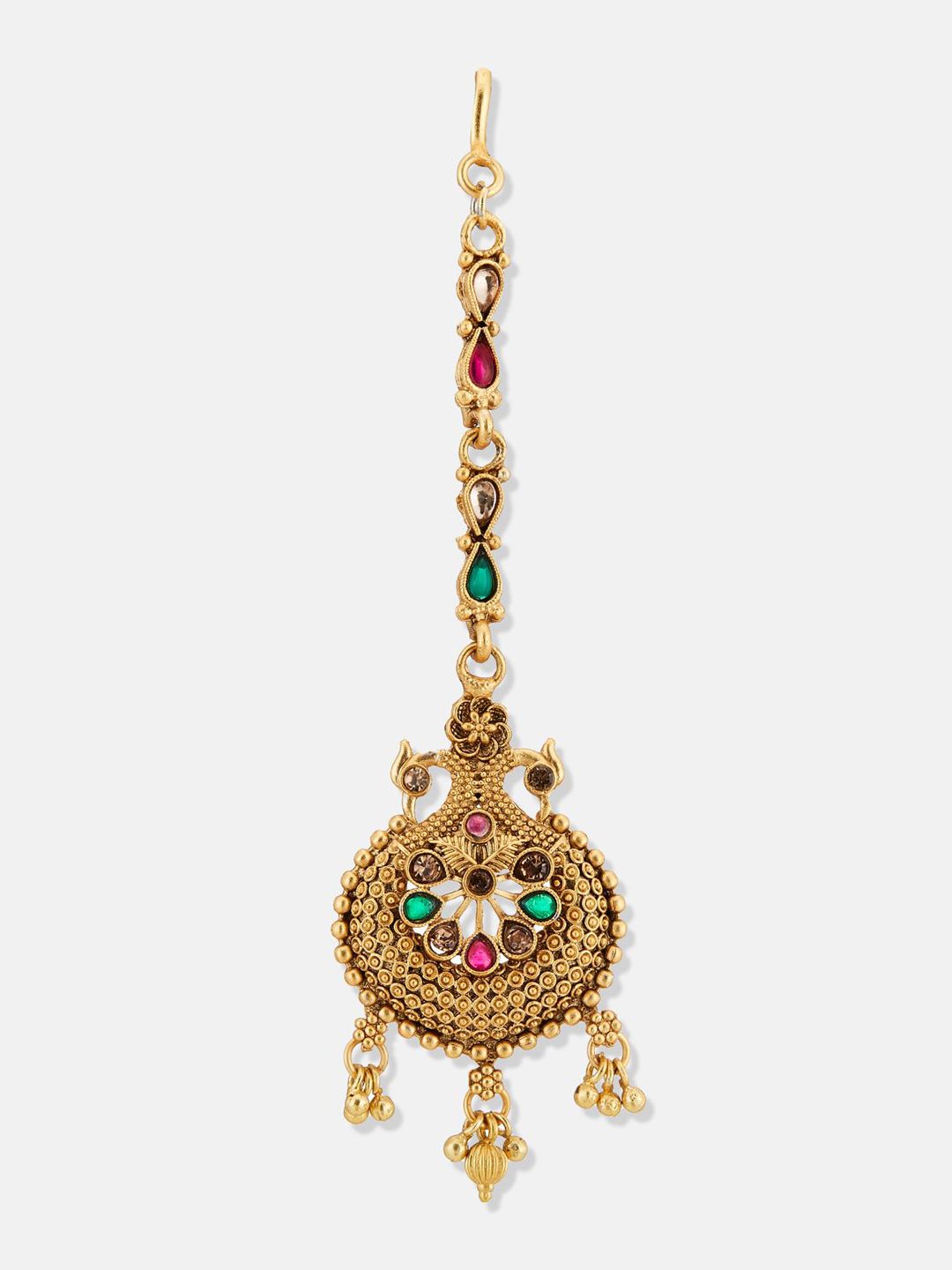 ATIBELLE Set of 2 Gold-Plated Stone Studded & Beaded Floral & Peacock Shaped Maang Tikkas