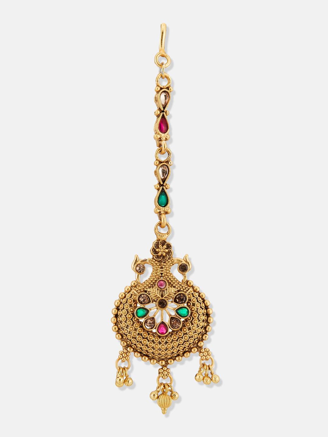 ATIBELLE Set of 2 Gold-Plated Stone Studded & Beaded Floral & Peacock Shaped Maang Tikkas