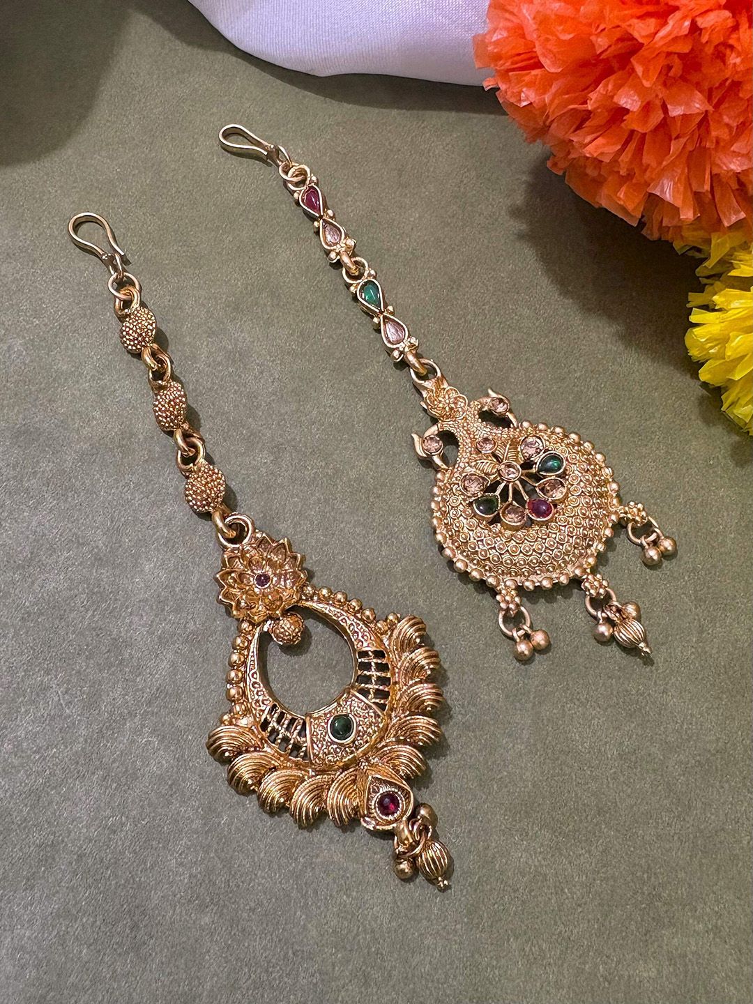 ATIBELLE Set of 2 Gold-Plated Stone Studded & Beaded Floral & Peacock Shaped Maang Tikkas