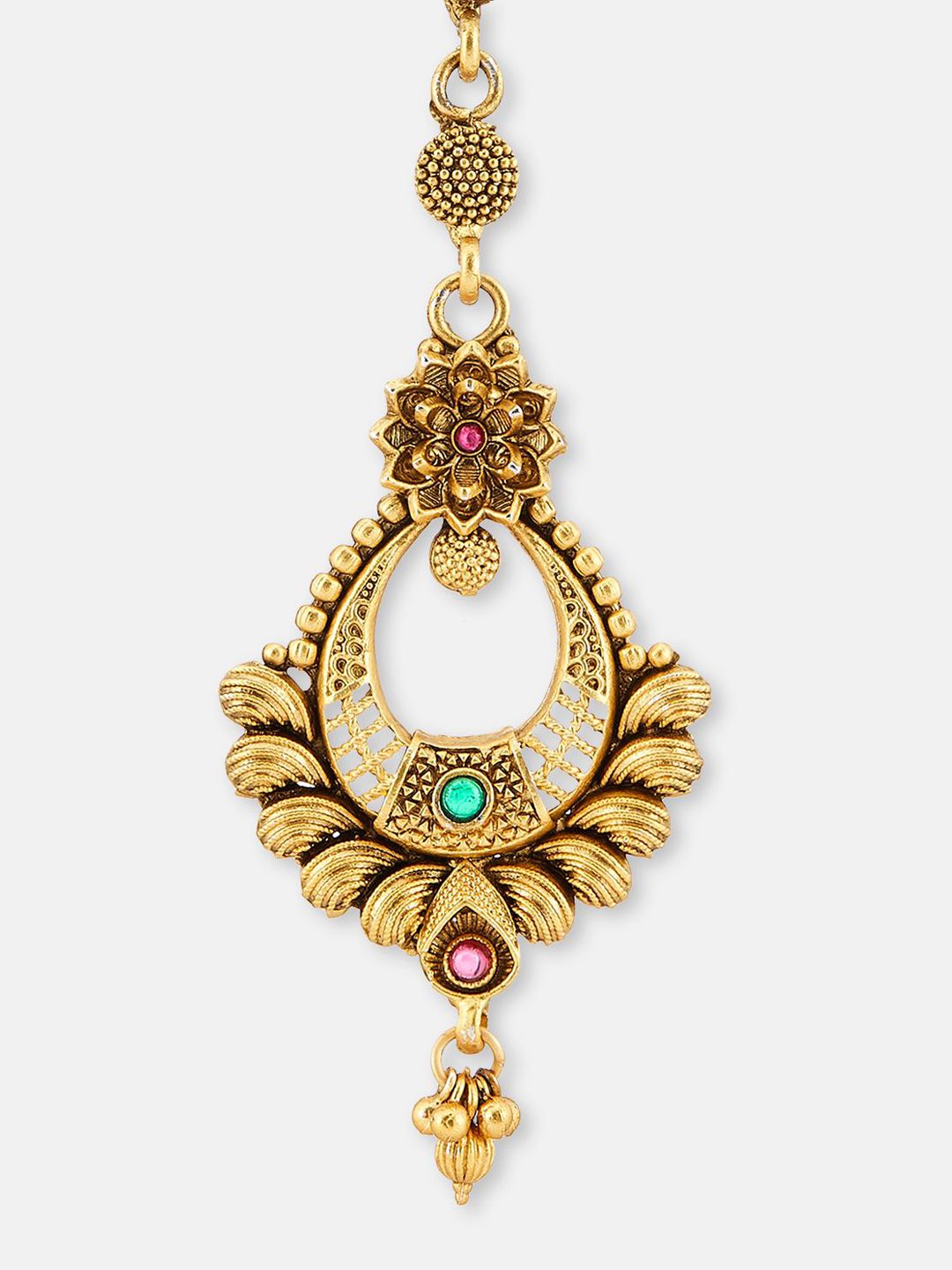 ATIBELLE Set of 2 Gold-Plated Stone Studded & Beaded Floral & Peacock Shaped Maang Tikkas