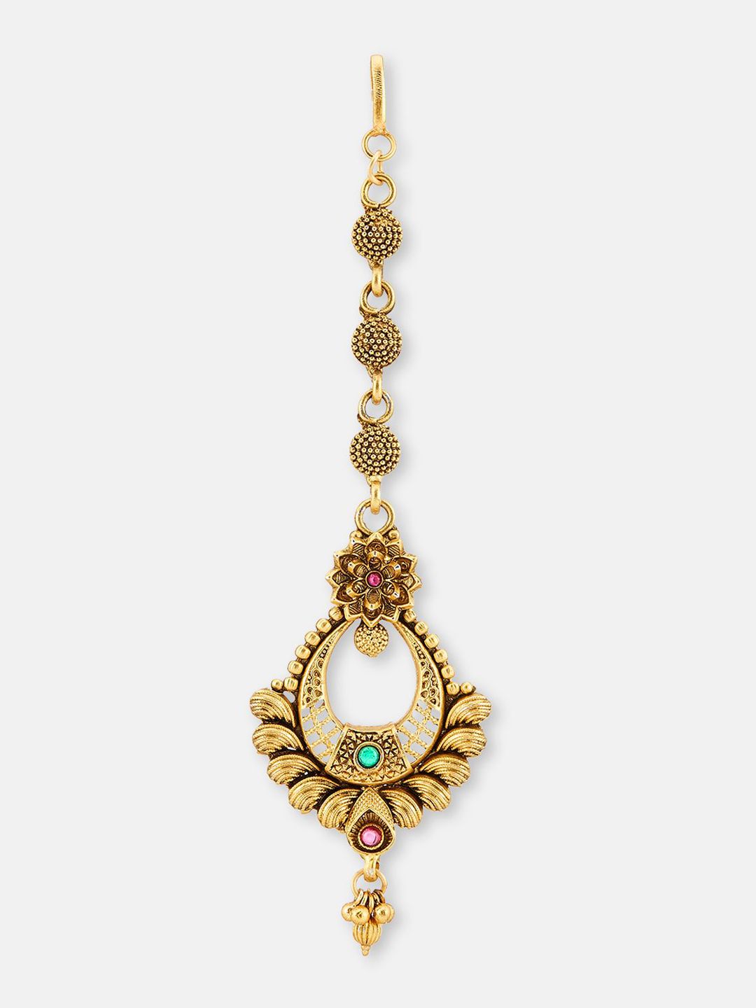 ATIBELLE Set of 2 Gold-Plated Stone Studded & Beaded Floral & Peacock Shaped Maang Tikkas