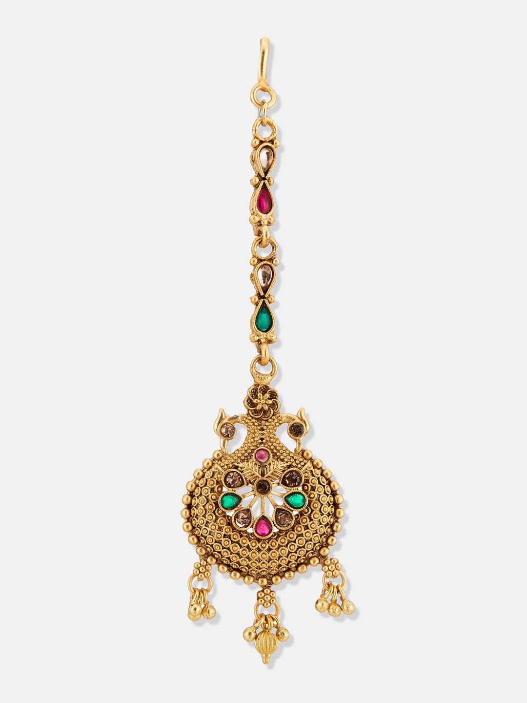 ATIBELLE Set of 2 Gold-Plated Stone Studded & Beaded Floral & Peacock Shaped Maang Tikkas