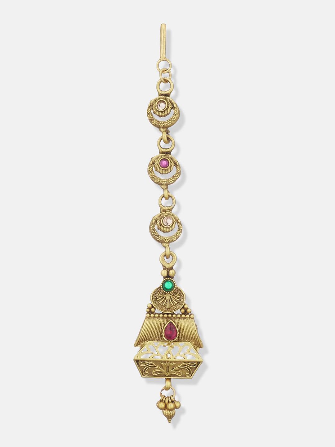 ATIBELLE Set of 2 Gold-Plated Stone Studded & Beaded Floral & Peacock Shaped Maang Tikkas