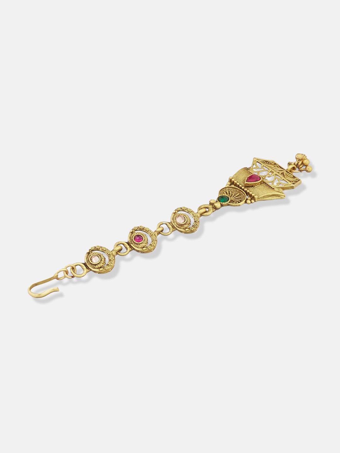 ATIBELLE Set of 2 Gold-Plated Stone Studded & Beaded Floral & Peacock Shaped Maang Tikkas