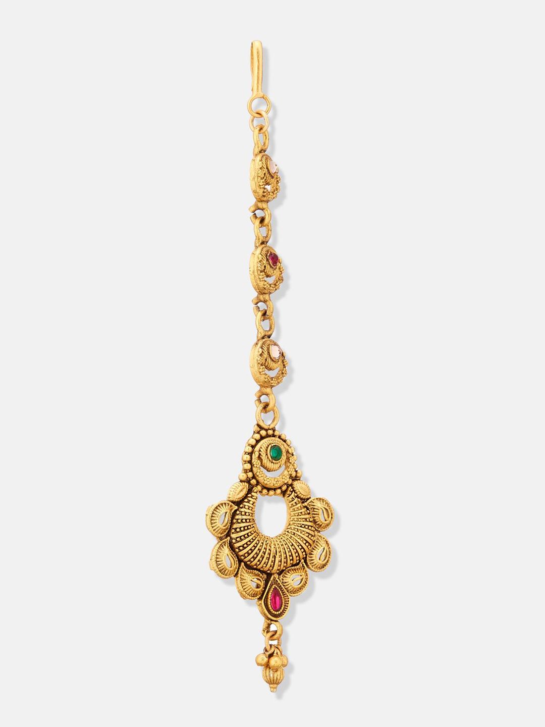 ATIBELLE Set of 2 Gold-Plated Stone Studded & Beaded Floral Shaped Maang Tikkas
