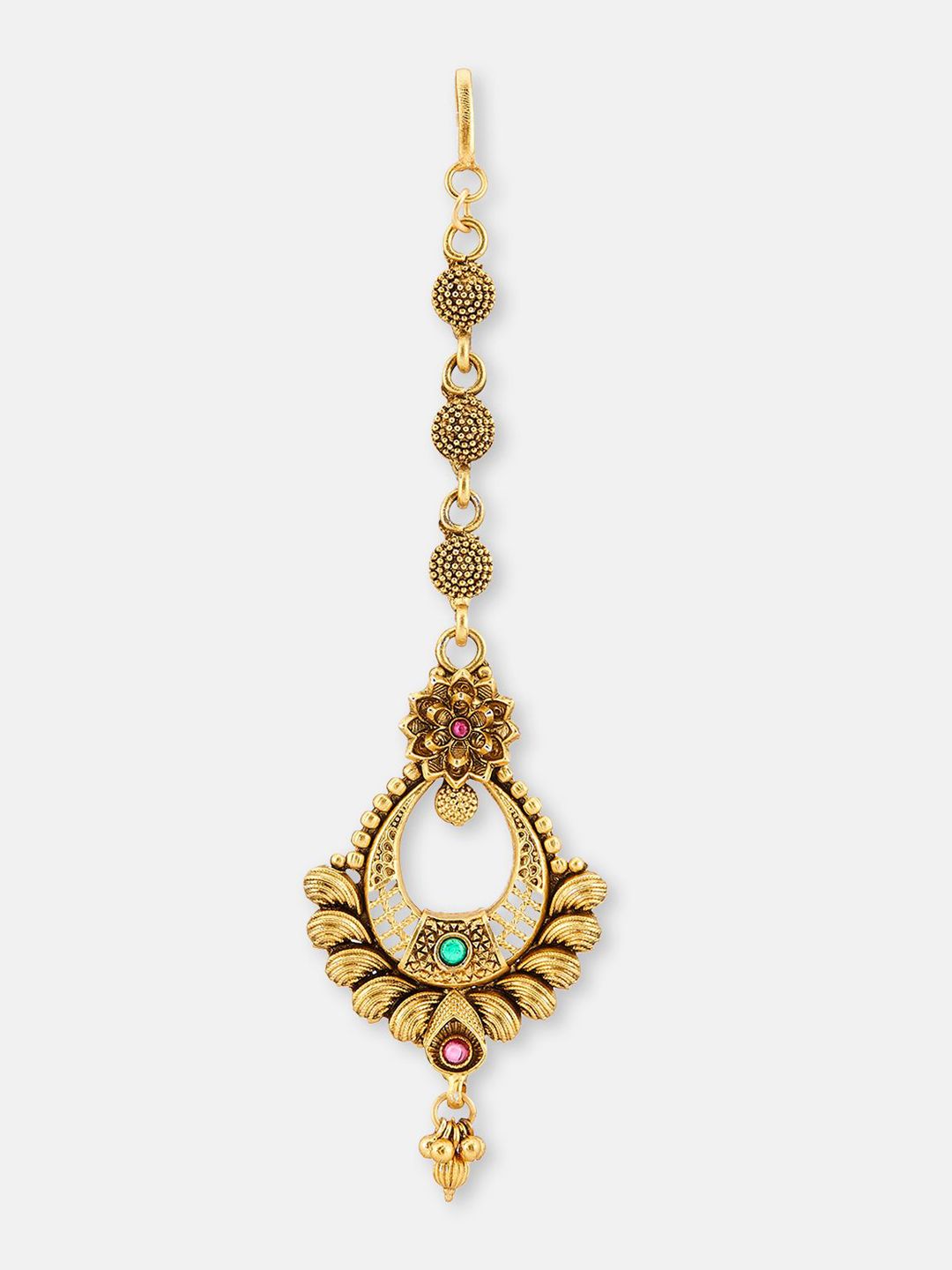 ATIBELLE Set of 2 Gold-Plated Stone Studded & Beaded Floral Shaped Maang Tikkas