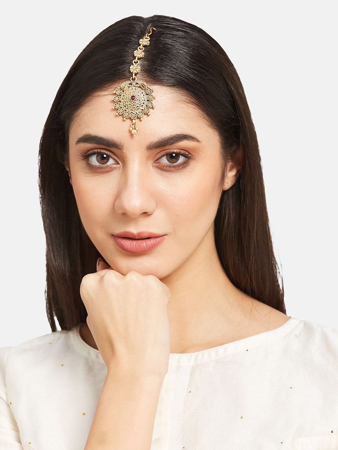 ATIBELLE Set Of 2 Gold-Plated Stone Studded Floral Shaped Maang Tikkas Head Jewellery