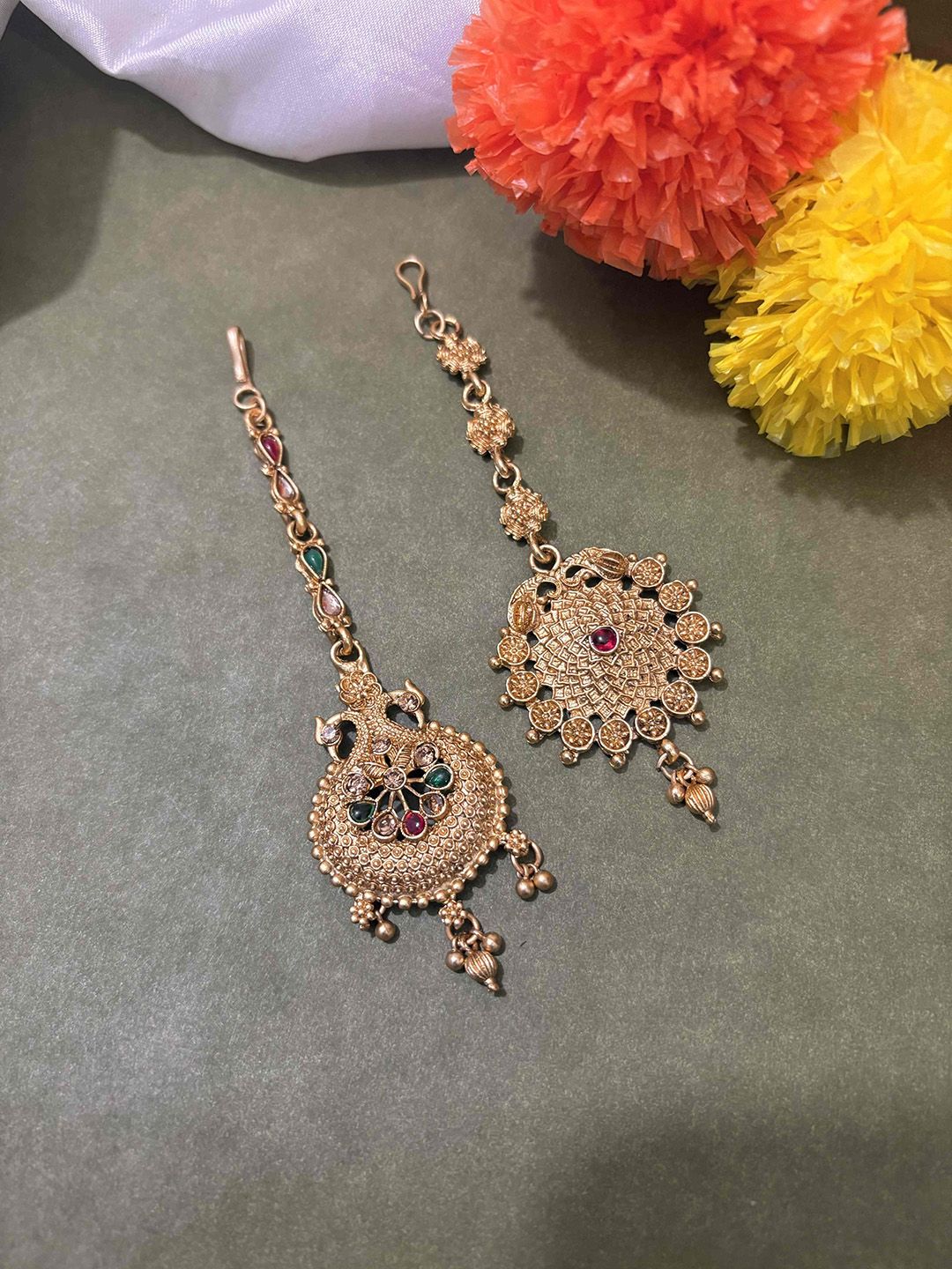 ATIBELLE Set Of 2 Gold-Plated Stone Studded Floral Shaped Maang Tikkas Head Jewellery