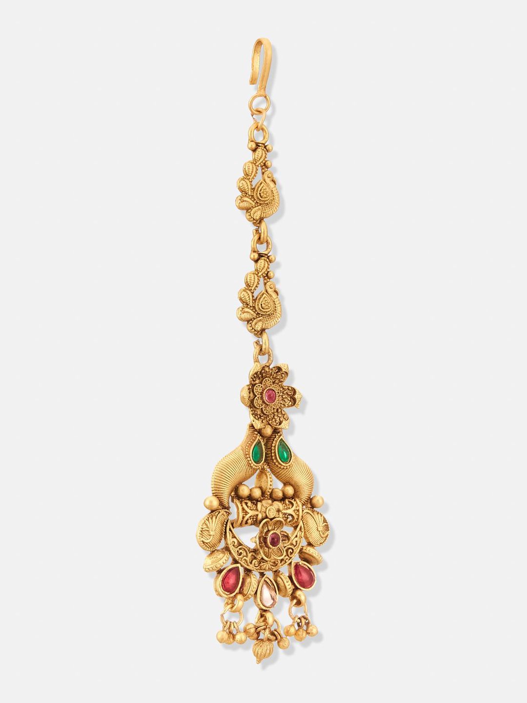 ATIBELLE Set of 2 Gold-Plated Stone Studded & Beaded Floral Shaped Maang Tikkas