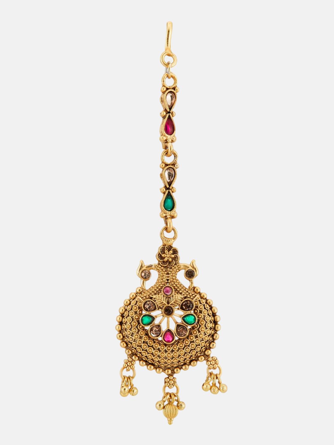 ATIBELLE Set of 2 Gold-Plated Stone Studded & Beaded Floral & Peacock Shaped Maang Tikkas
