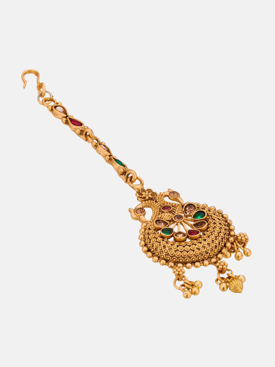 ATIBELLE Set of 2 Gold-Plated Stone Studded & Beaded Floral & Peacock Shaped Maang Tikkas