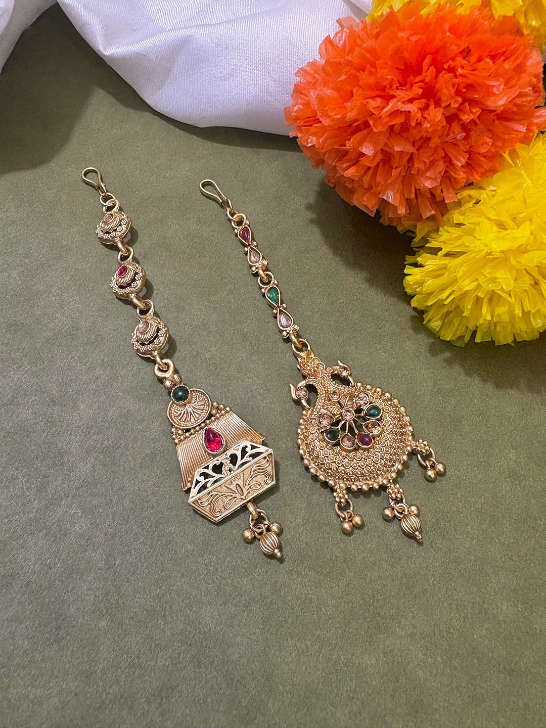 ATIBELLE Set of 2 Gold-Plated Stone Studded & Beaded Floral & Peacock Shaped Maang Tikkas