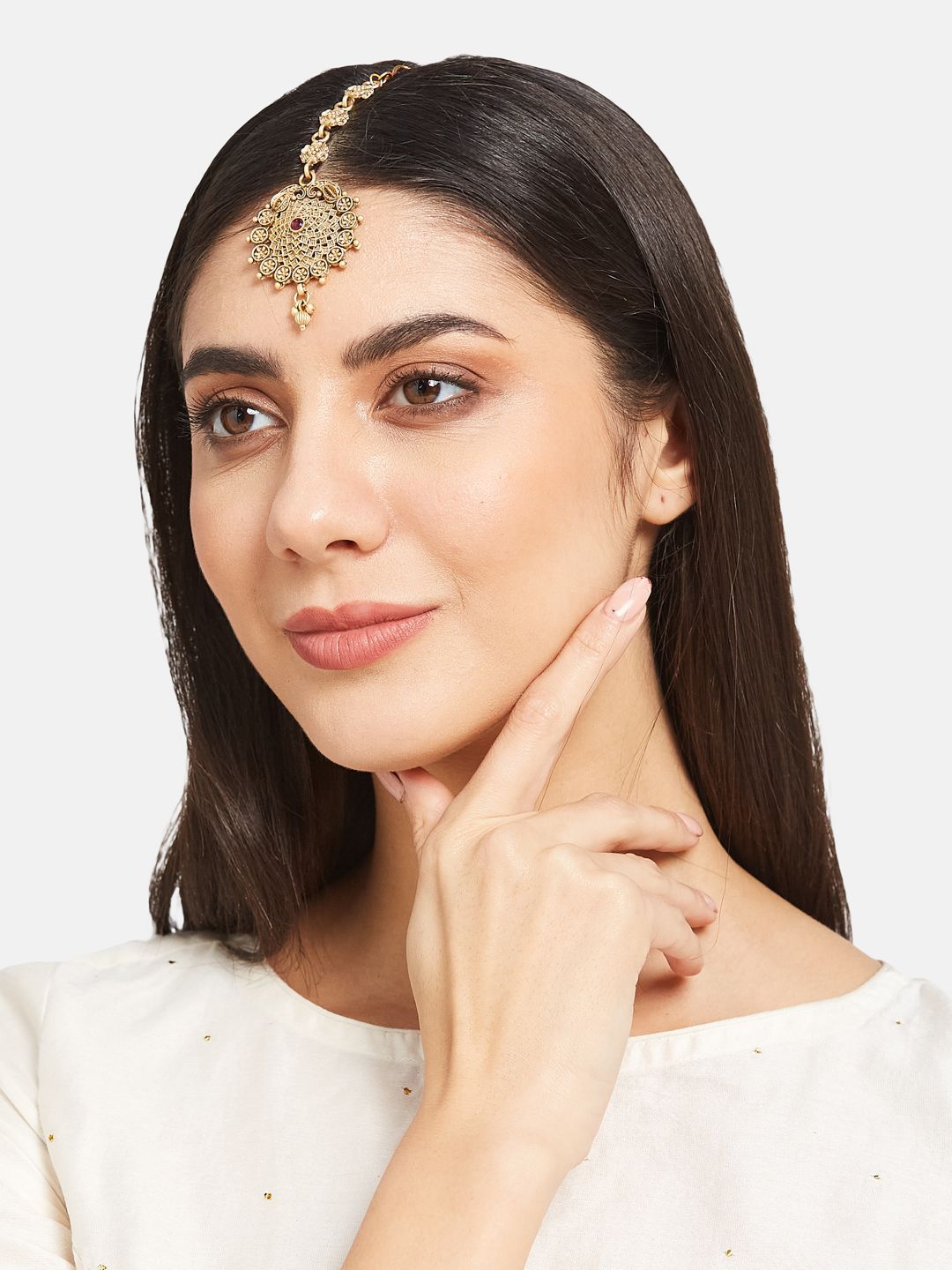 ATIBELLE Set Of 3 Gold-Plated Stone Studded Floral Shaped Maang Tikkas Head Jewellery