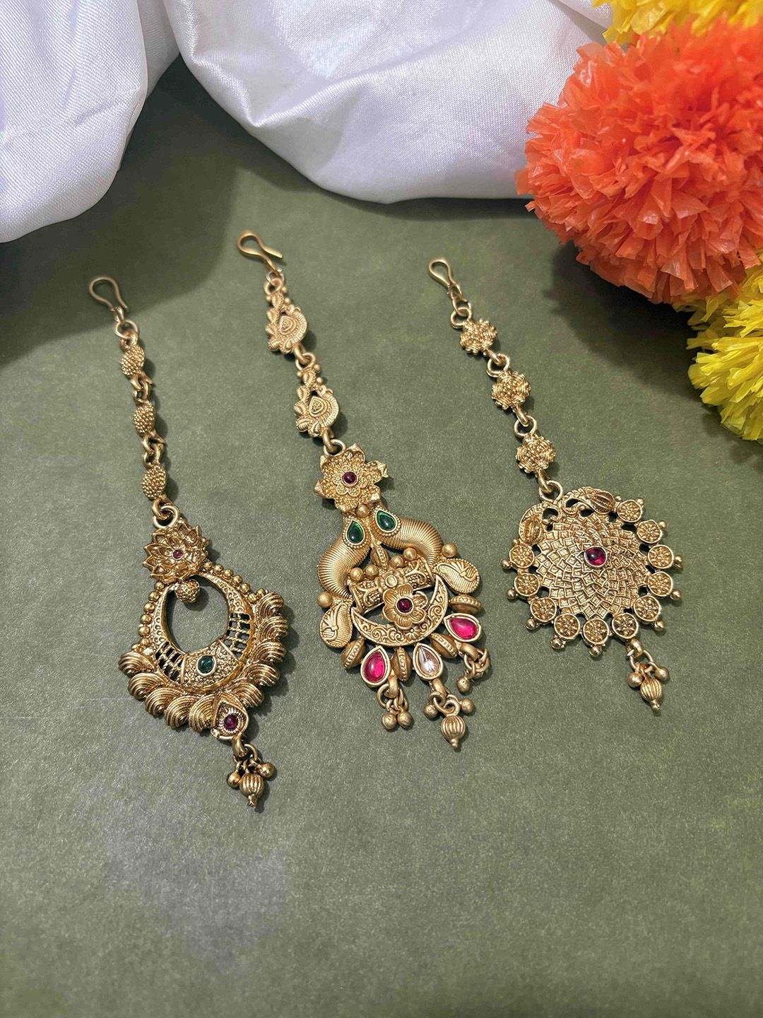 ATIBELLE Set Of 3 Gold-Plated Stone Studded Floral Shaped Maang Tikkas Head Jewellery