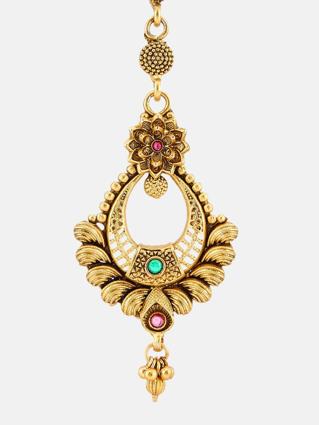 ATIBELLE Set of 2 Gold-Plated Stone Studded & Beaded Floral Shaped Maang Tikkas