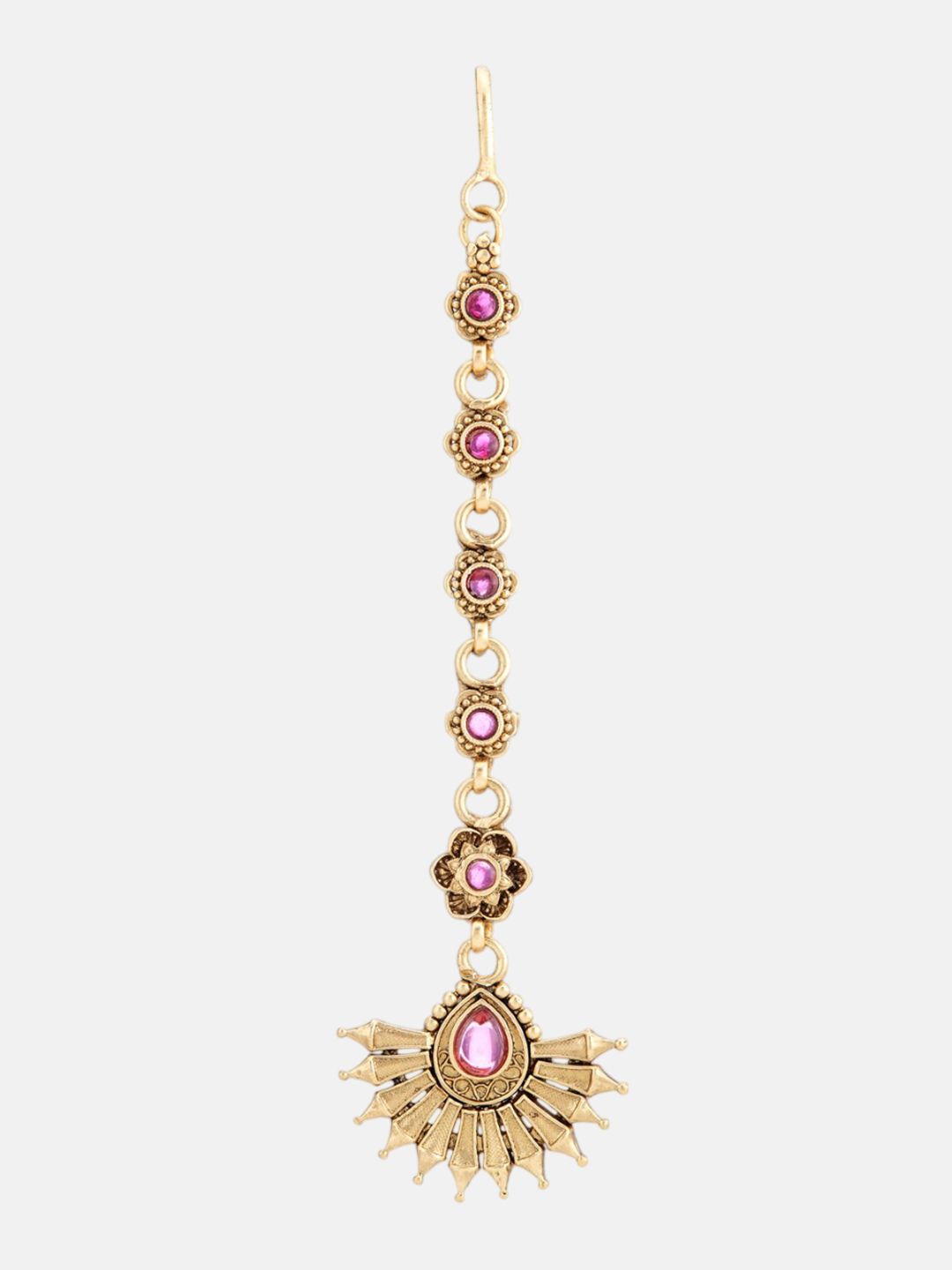 ATIBELLE Set of 2 Gold-Plated Stone Studded & Beaded Floral Shaped Maang Tikkas