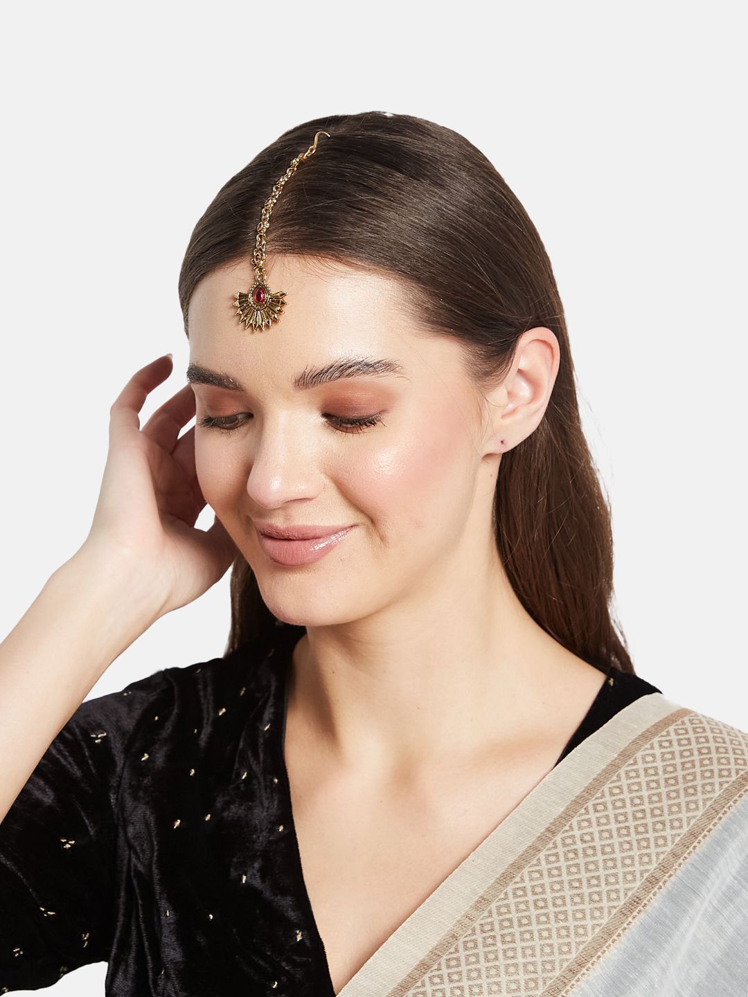 ATIBELLE Set of 2 Gold-Plated Stone Studded & Beaded Floral Shaped Maang Tikkas