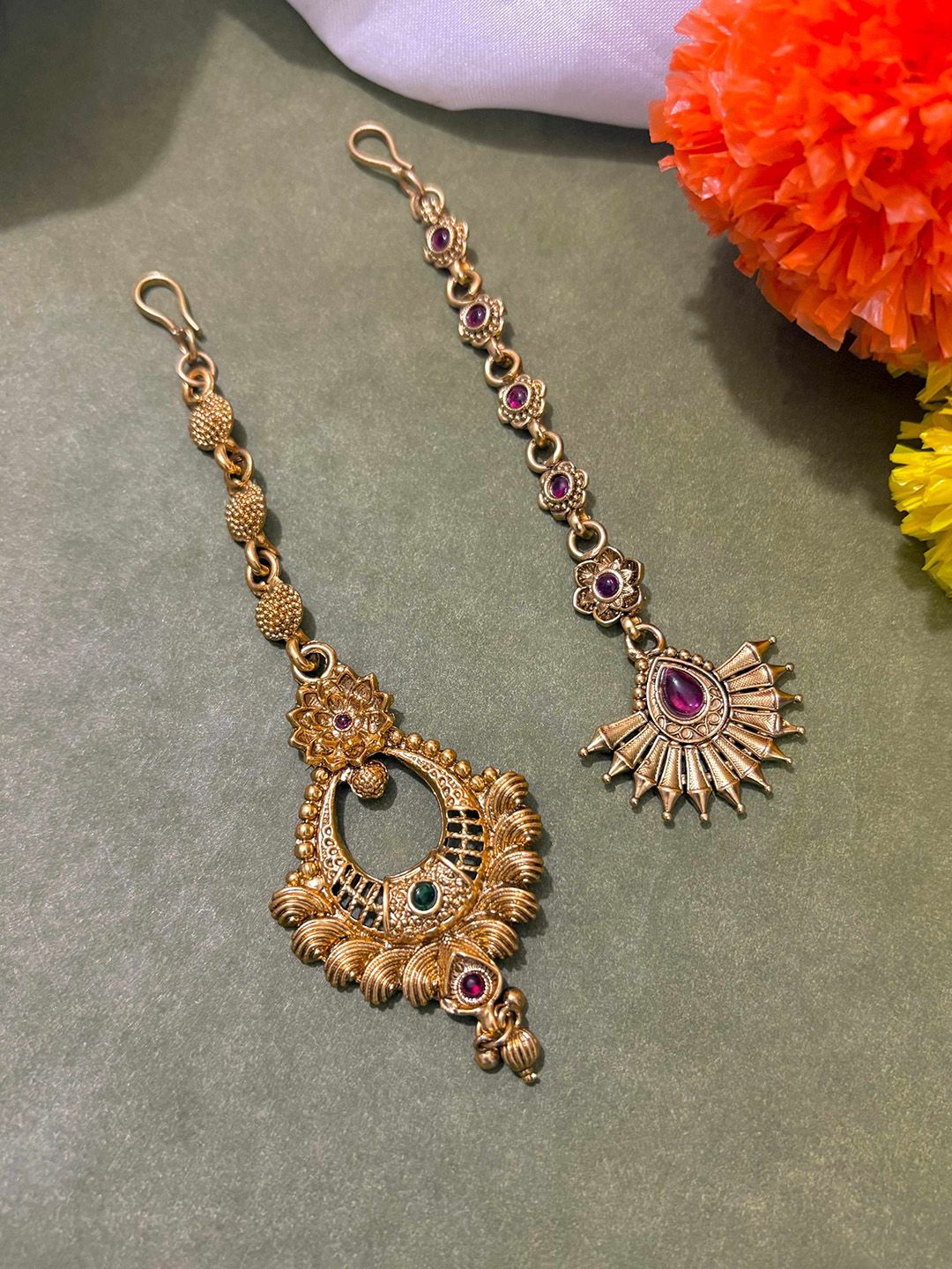 ATIBELLE Set of 2 Gold-Plated Stone Studded & Beaded Floral Shaped Maang Tikkas