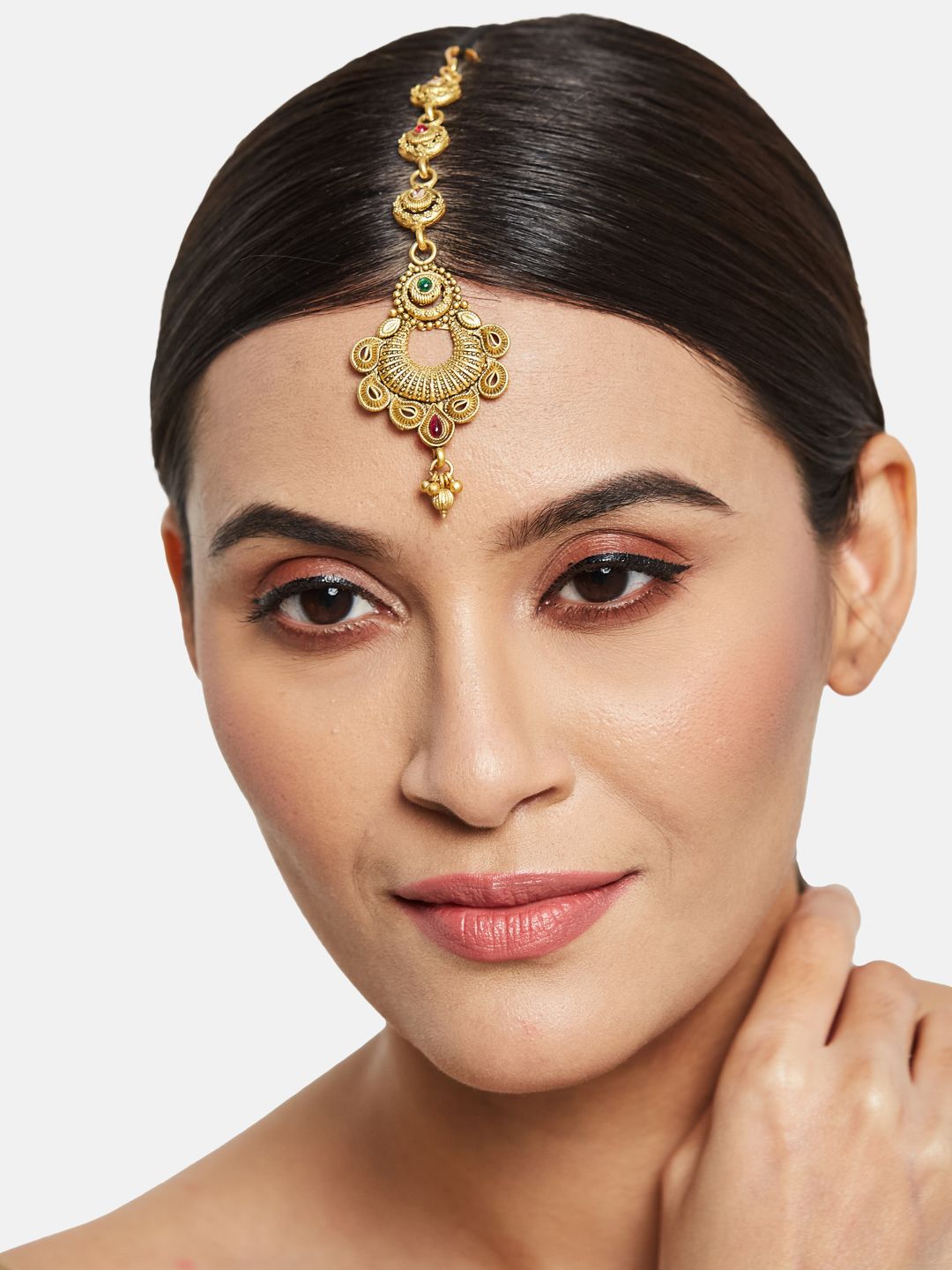 ATIBELLE Set of 2 Gold-Plated Stone Studded & Beaded Floral Shaped Maang Tikkas