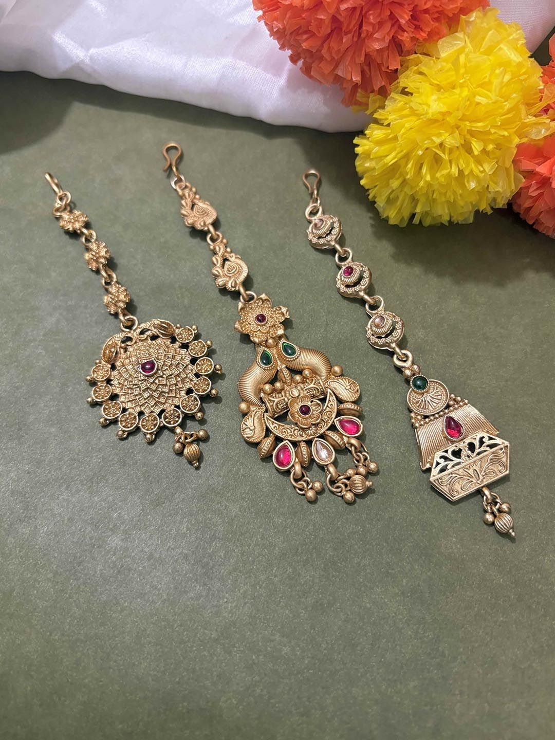ATIBELLE Set of 3 Gold-Plated Stone Studded & Beaded Floral Shaped Maang Tikkas