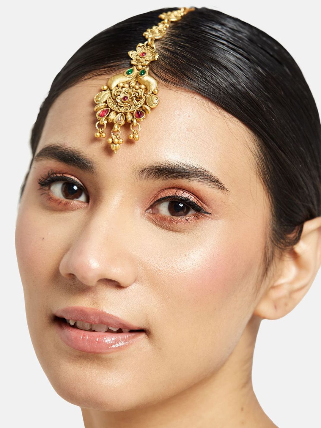 ATIBELLE Set of 3 Gold-Plated Stone Studded & Beaded Floral Shaped Maang Tikkas