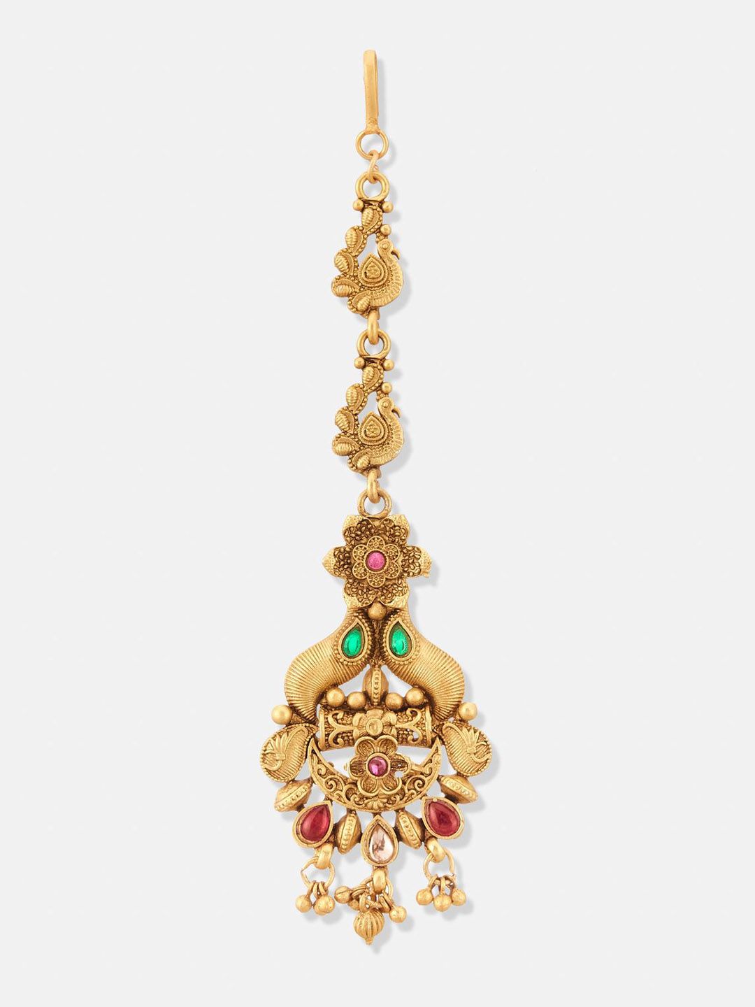 ATIBELLE Set of 2 Gold-Plated Stone Studded & Beaded Floral Shaped Maang Tikkas