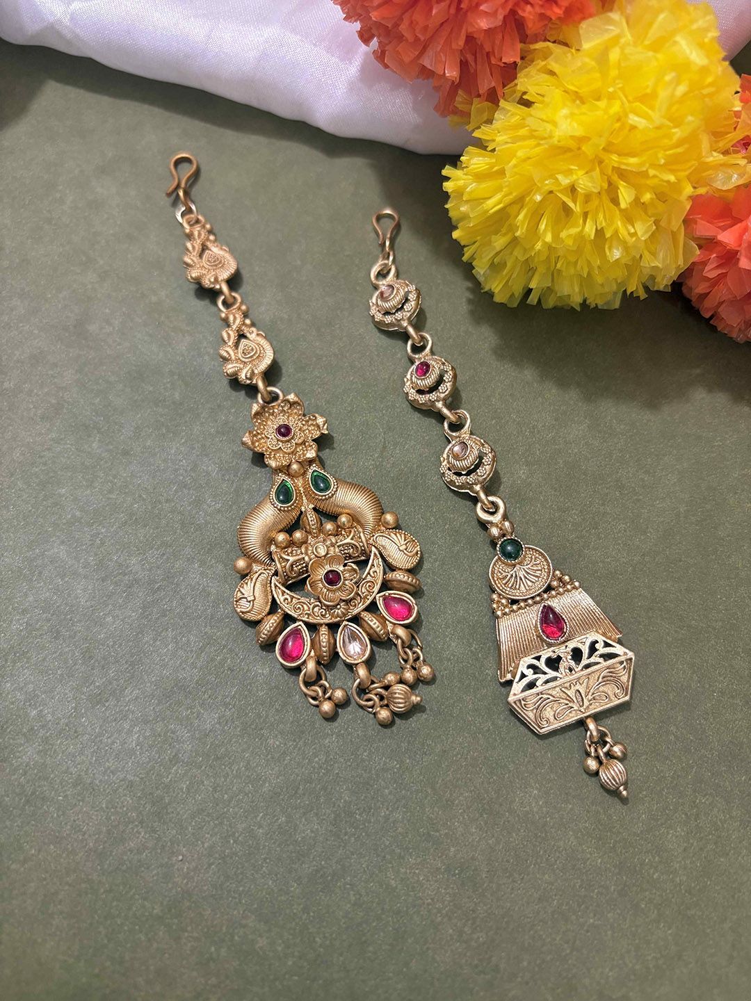 ATIBELLE Set of 2 Gold-Plated Stone Studded & Beaded Floral Shaped Maang Tikkas