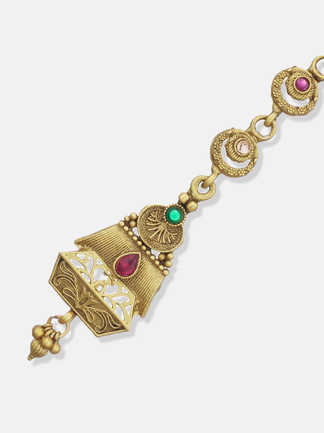ATIBELLE Set of 2 Gold-Plated Stone Studded & Beaded Floral Shaped Maang Tikkas