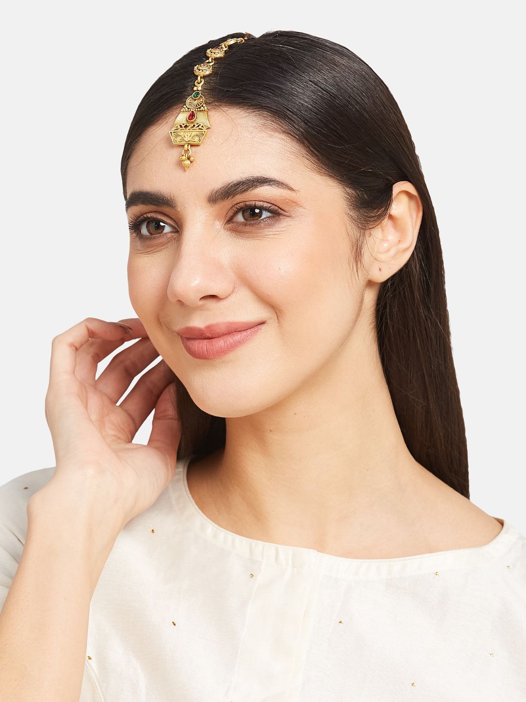 ATIBELLE Set of 2 Gold-Plated Stone Studded & Beaded Floral Shaped Maang Tikkas
