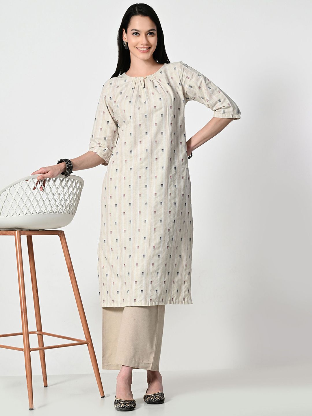 Cobalt Blue Gold Printed Striaght Kurta With Keyhole Neck & 3/4 Sleeves main image 0